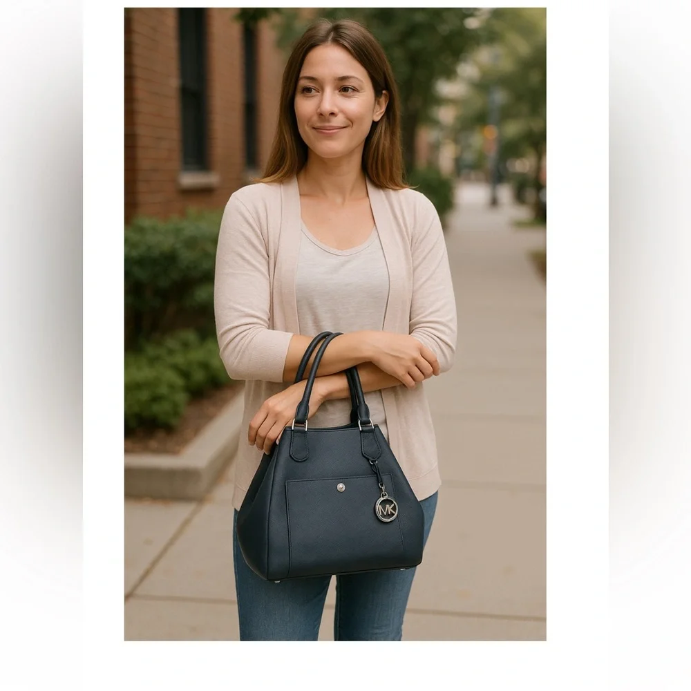 Authentic Michael Kors Blue Greenwich Saffiano Leather Satchel Crossbody Handbag